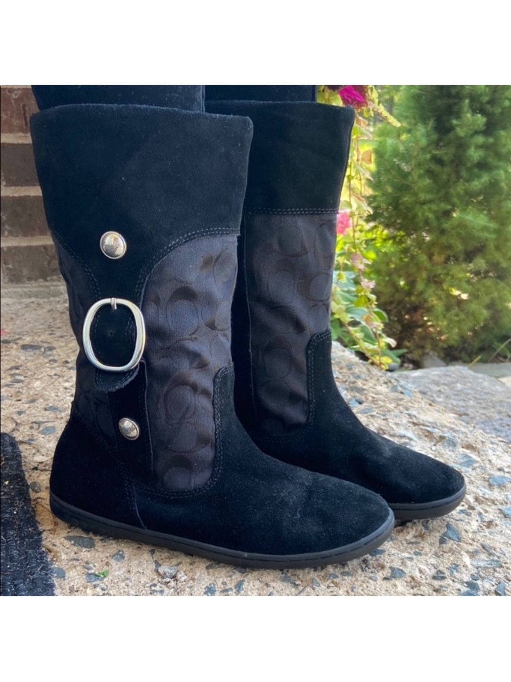 Coach Black Suede and Signature Canvas Mid-Calf Boots